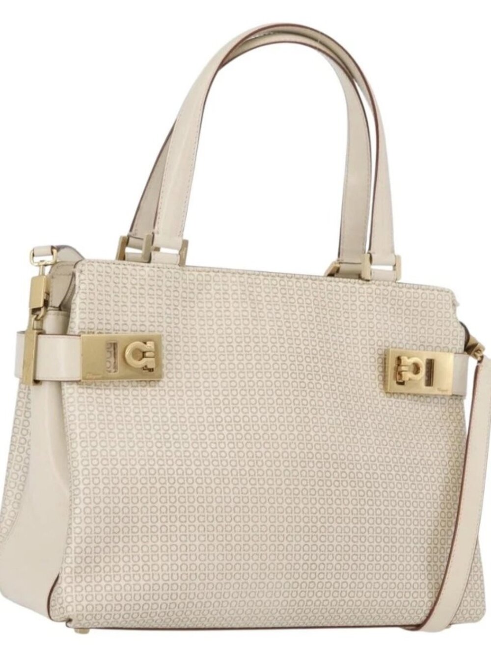 Salvatore Ferragamo Gancini Hand Bag Leather 2way Ivory Gold Auth 172181